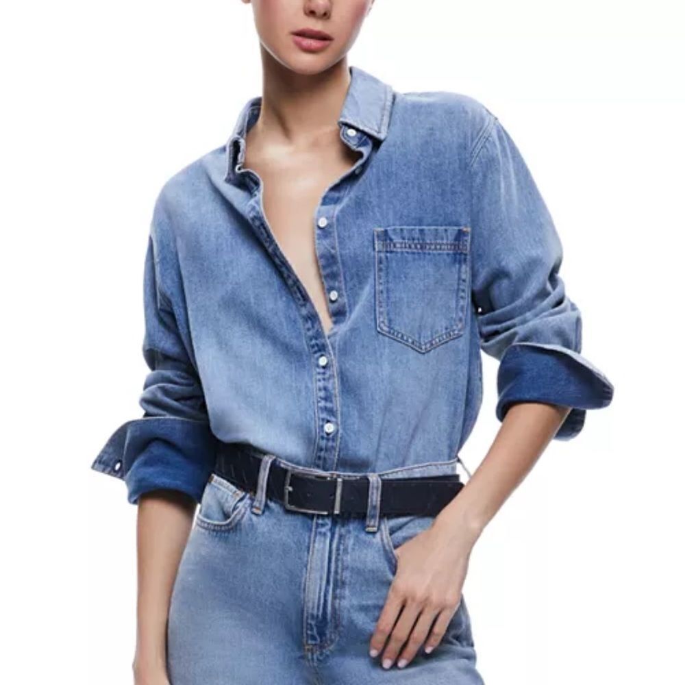 NEW Alice & Olivia Oversize Cotton Blend Denim Button-Up Shirt XL $ 330.00 - Picture 8 of 10